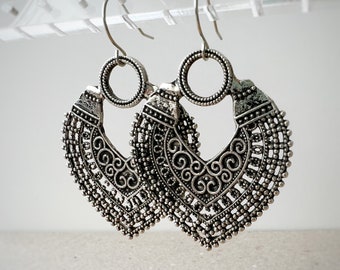 Boho Beaded Silver Dangle Earrings, Handmade Hippie Jewelry