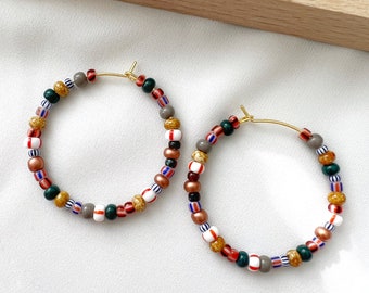 Handmade Colorful Seed Bead Hoop Earrings, Gold Plated