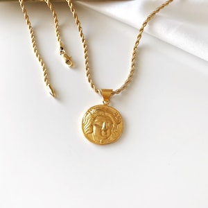 Gold Ancient Greek Coin Necklace, Gold plated Medallion Necklace, Greek Coin Charm Pendant Reproduction
