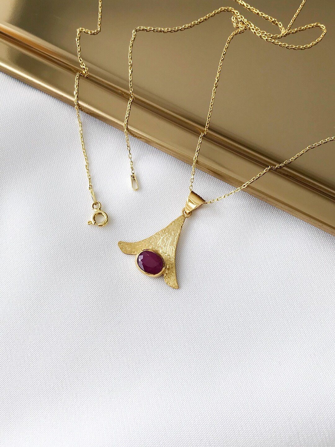 Gold Plated Sterling Silver Ruby Necklace, Handmade Triangle Pendant - Etsy