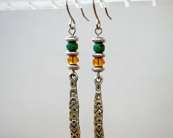 Handmade Silver Dangle Earrings, Beaded Boho Hippie Style