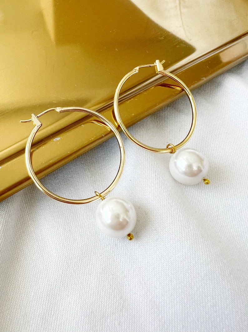 Pearl Hoop Earrings, Dainty Pearl Hoops Earrings, Gold Pearl Hoops, Bridesmaid Earrings Gifts image 3