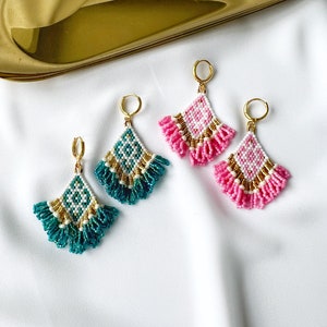 Pink Green Boho beaded earrings, seed bead earrings, beaded fringe earrings