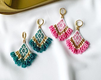 Pink Green Boho beaded earrings, seed bead earrings, beaded fringe earrings