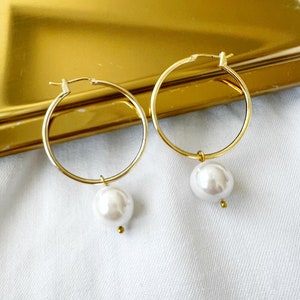 Pearl Hoop Earrings, Dainty Pearl Hoops Earrings, Gold Pearl Hoops, Bridesmaid Earrings Gifts image 1