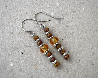 Handmade Beaded Silver Dangle Earrings, Boho Hippie Style