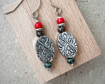 Beaded Dangle Earrings, Silver Boho Hippie Style