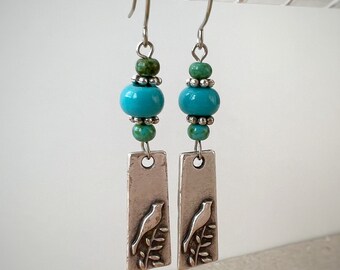 Handmade Silver Bird Dangle Earrings, Boho Hippie Style