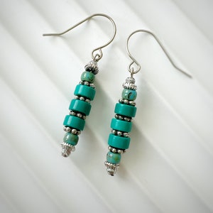Turquoise beaded earrings, Silver Earrings, Silver dangle earrings, hippie dangle earrings, bohemian drop earrings, boho earrings