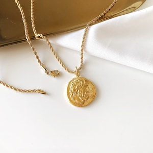 Gold Ancient Greek Coin Necklace, Gold plated Coin Necklace, Greek Coin Charm Pendant Reproduction