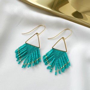 Turquoise beaded earrings, triangle seed bead earrings, beaded fringe earrings modern fringe earrings