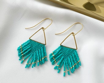 Turquoise beaded earrings, triangle seed bead earrings, beaded fringe earrings modern fringe earrings