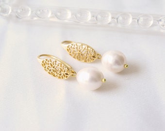 Boucles d’oreilles en perles d’or, bijoux de mariage faits à la main, boucles d’oreilles de mariage, boucles d’oreilles en perles de mariée, cadeau pour petite amie ou femme