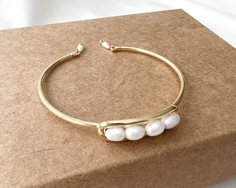 Pearl Cuff Bracelet, Gold Bangle Bracelet, Gold Cuff Bracelet Adjustable Bracelet Freshwater pearl bracelet