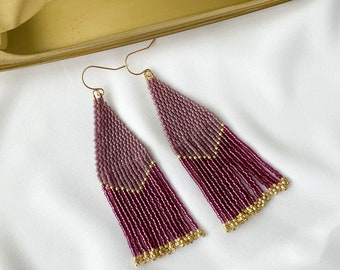 Puple Boho beaded earrings, long beaded earrings, beaded fringe earrings, handwoven beaded earrings