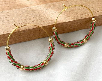 Seed Beaded hoop earrings, Gold Boho hoop earrings, bohemian hoop earrings