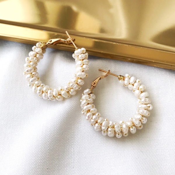 Pendientes de aro de perlas, pendientes de perlas naturales de agua dulce, pendientes de novia, pendientes de declaración, regalos de damas de honor