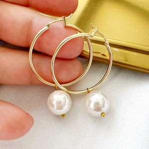 Pearl Hoop Earrings, Dainty Pearl Hoops Earrings, Gold Pearl Hoops, Bridesmaid Earrings Gifts image 4