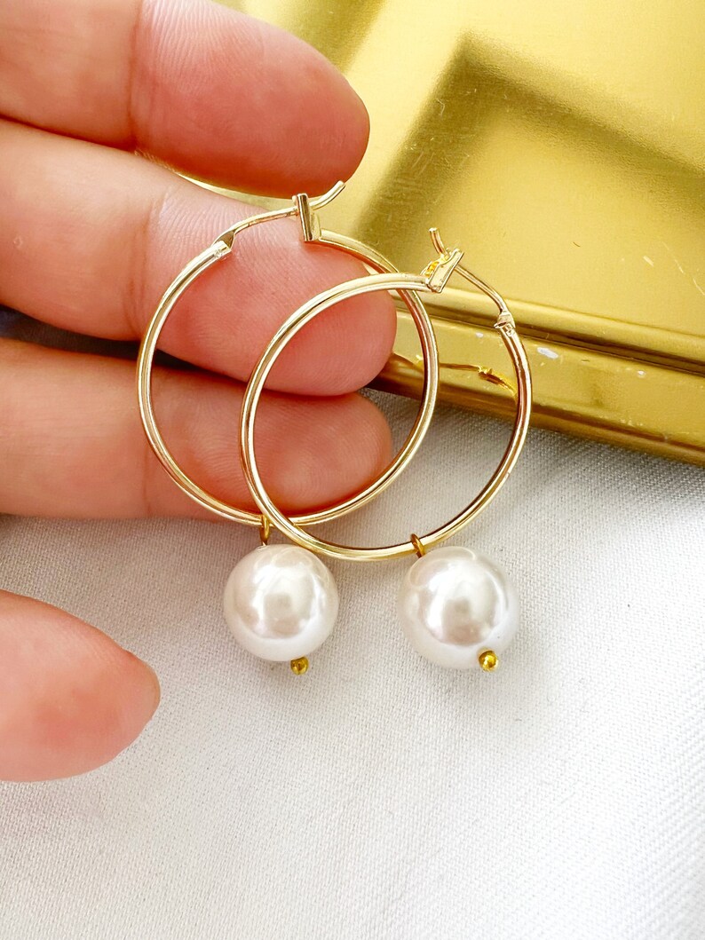 Pearl Hoop Earrings, Dainty Pearl Hoops Earrings, Gold Pearl Hoops, Bridesmaid Earrings Gifts image 4