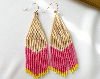 Pink Boho beaded earrings, seed bead earrings, beaded fringe earrings