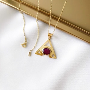 Sterling Silver 925 Genuine Ruby Triangle Necklace  / Gold Plated Silver Oval Cut Ruby/Handmade Ruby Pendant Necklace/ Ruby Necklace