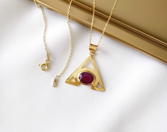 Sterling Silver 925 Genuine Ruby Triangle Necklace  / Gold Plated Silver Oval Cut Ruby/Handmade Ruby Pendant Necklace/ Ruby Necklace