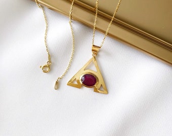 Sterling Silver 925 Genuine Ruby Triangle Necklace  / Gold Plated Silver Oval Cut Ruby/Handmade Ruby Pendant Necklace/ Ruby Necklace