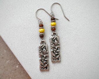 Handmade Beaded Silver Dangle Earrings, Boho Hippie Style