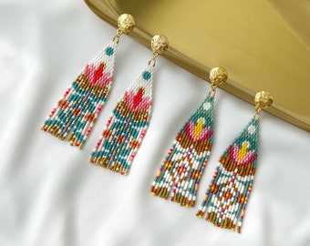 Handwoven Miyuki Beaded Fringe Earrings, Colorful Flower Design