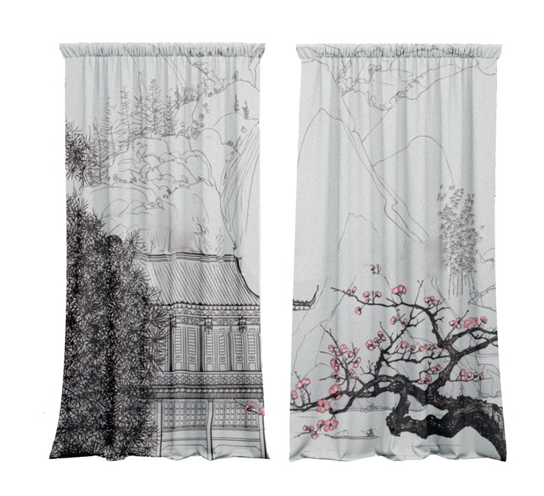 Set of 2 Velvet Curtain Panels, Blackout, Artistic Curtains, Japanese