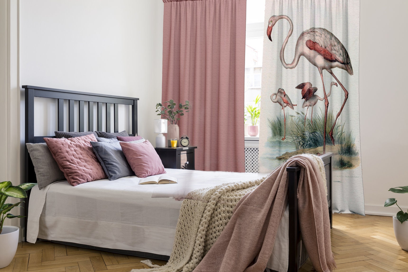 Set of 2 Blackout Curtains, Room Divide Screen Wall Panel, Flamingo