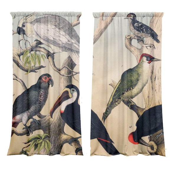 Set of 2 velvet curtain panels, boho curtains, curtains with vintage birds