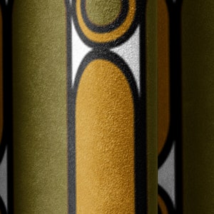 May include: Abstract geometric pattern with a repeating design of black, white, and gold circles and rectangles. The pattern is on a textured surface.