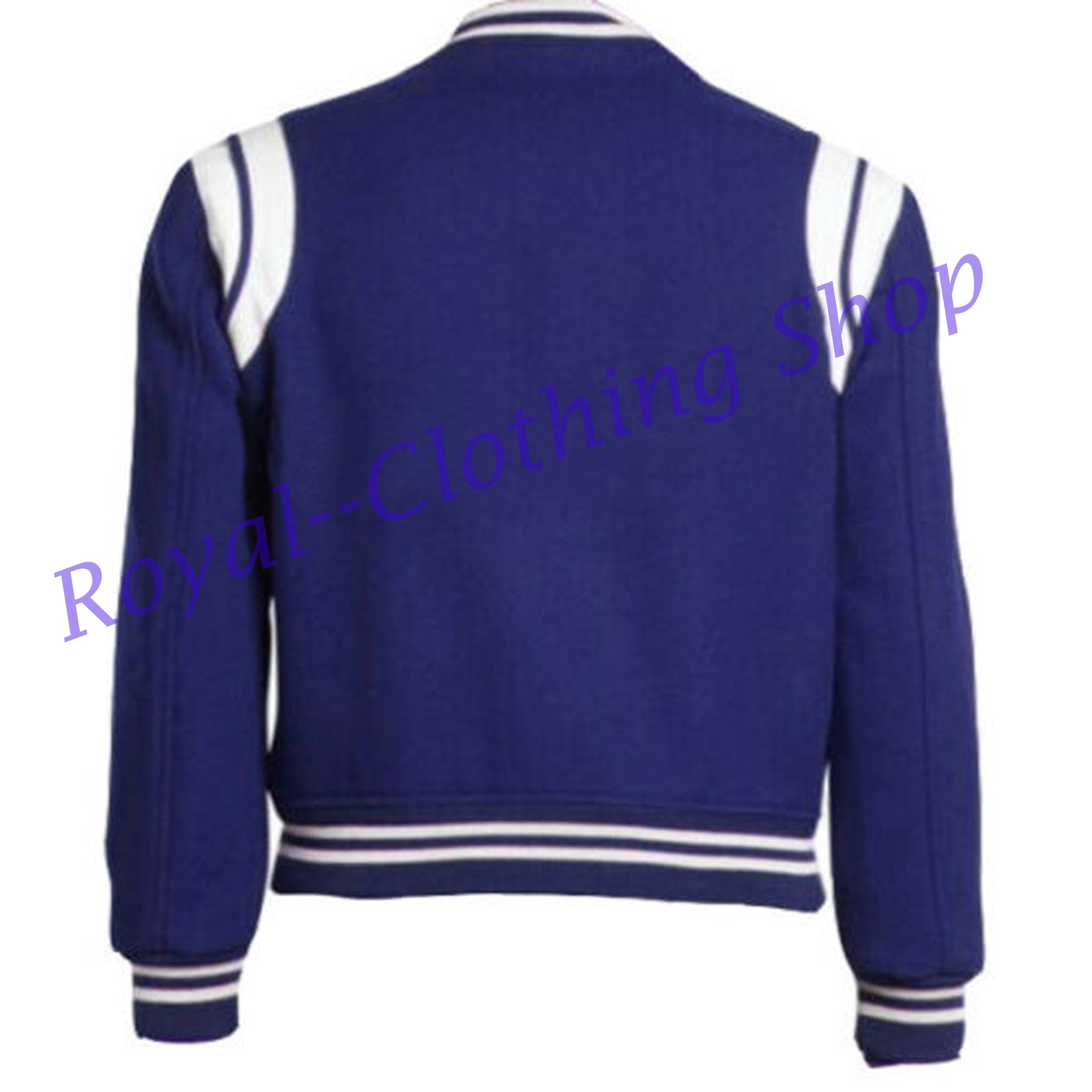 All Wool Royal Blue With White Leather Stripes Varsity Jacket Etsy
