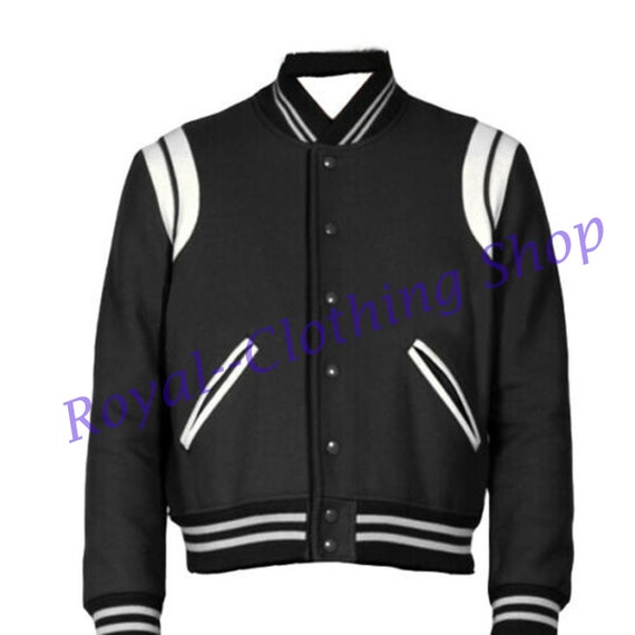 All Wool Black With White Leather Stripes Varsity Jacket Etsy