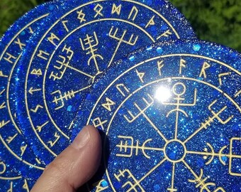 Blue and gold viking compass coaster set