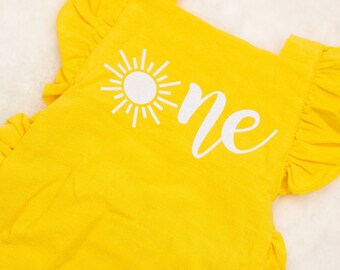 Sunshine first birthday outfit, Baby romper, cake smash outfit, yellow outfit, baby girl romper