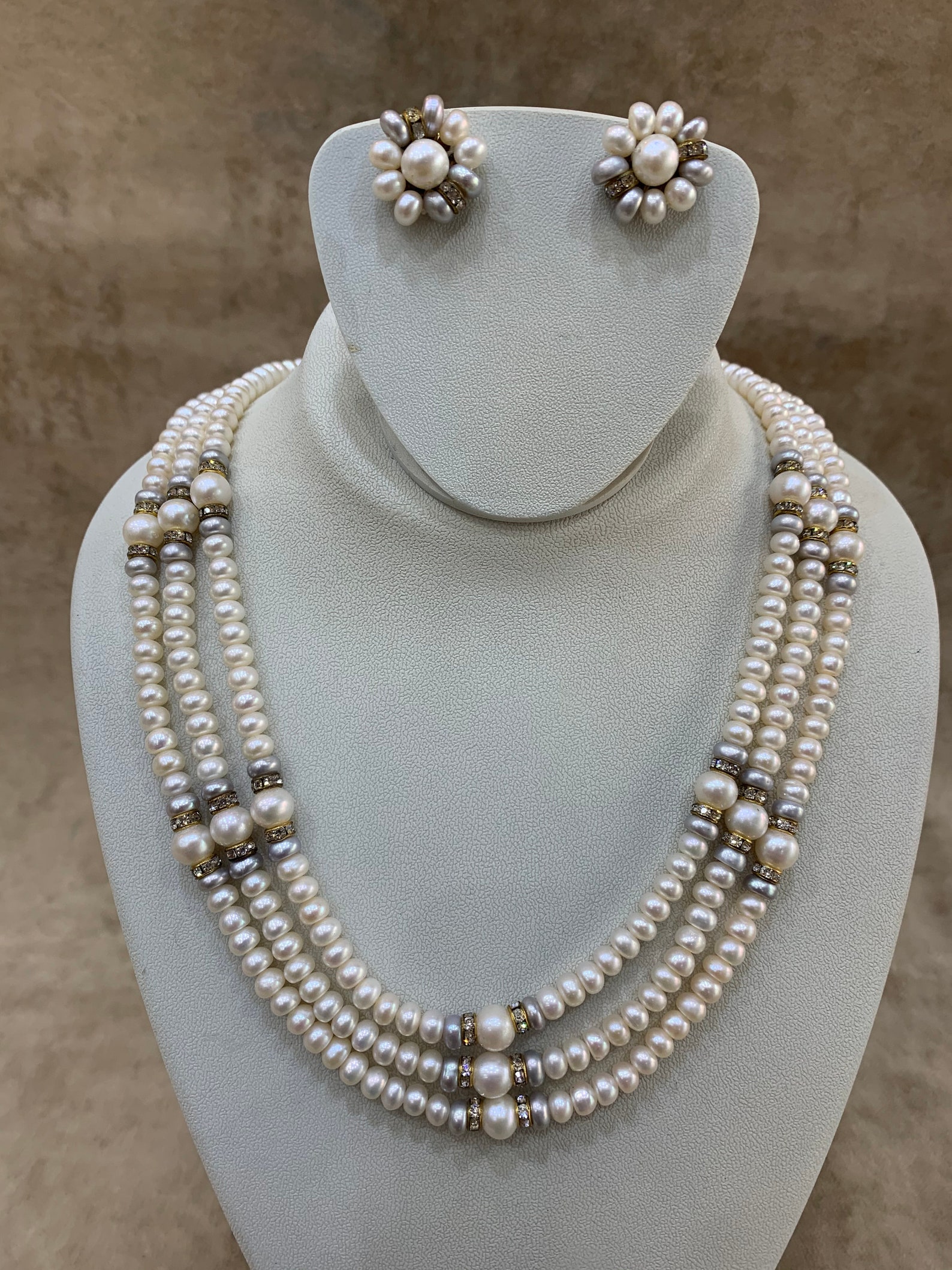 3 Strand Hyderabadi Pearl Necklace Set Fresh Water Pearl Set Etsy