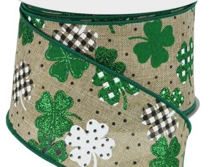 Patterned Shamrocks Ribbon, St Patrick's Day, Lt Bge/grn/emrld/wht/blk ...