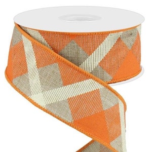 Printed Plaid Ribbon, Beige/Orange/Cream, Royal Burlap, Wired Ribbon, 1.5&quot; Wide X 10 Yard
