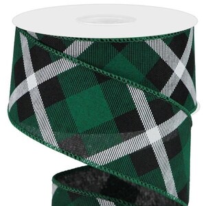 Printed Plaid Ribbon, Black/Green/White, Royal Burlap, Wired Ribbon, 2.5&quot; Wide X 10 Yard