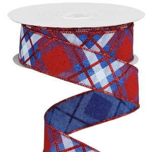 Glitter Diagonal Plaid Ribbon, Patriotic, Red/White/Blue, Royal Burlap, Wired Ribbon, 1.5" Wide X 10 Yard Roll
