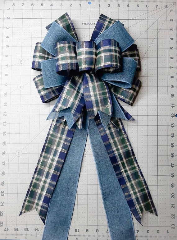 Holiday Bow Blue Plaid with Metallic Denim Blue Christmas Bow Wreath Bow Holiday Bow Blue Plaid with Metallic Denim Blue Christmas Bow Wreath Bow
