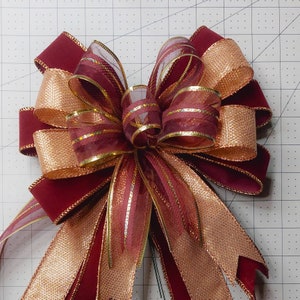 Christmas Bow, Wreath Bow, Burgundy Velvet, Metallic Gold/Bronze Check, Gold Stripe