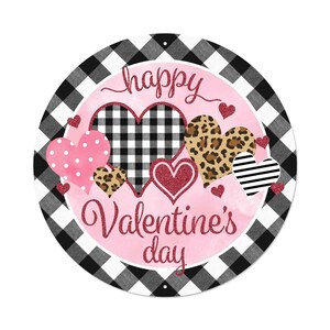 Happy Valentine's Day Sign, Wall Art, Glitter Hearts, Stripes/Plaid/Dots/Leopard, Round, 12" Diameter, Metal