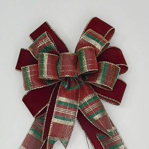 Christmas Bow, Wreath Bow, Burgundy Plaid, Burgundy Velvet