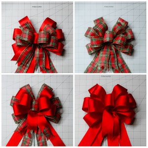 May include: Four different ways to tie a bow using red and green plaid ribbon and solid red ribbon. The ribbon is tied into a bow shape with tails.