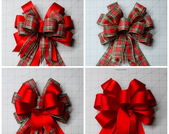 May include: Four different ways to tie a bow using red and green plaid ribbon and solid red ribbon. The ribbon is tied into a bow shape with tails.