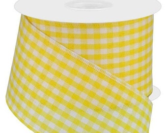 Golden Yellow and White Gingham Check Ribbon, Wired, Spring, Golden Yellow/White, 2.5" Wide X 10" Yard Roll