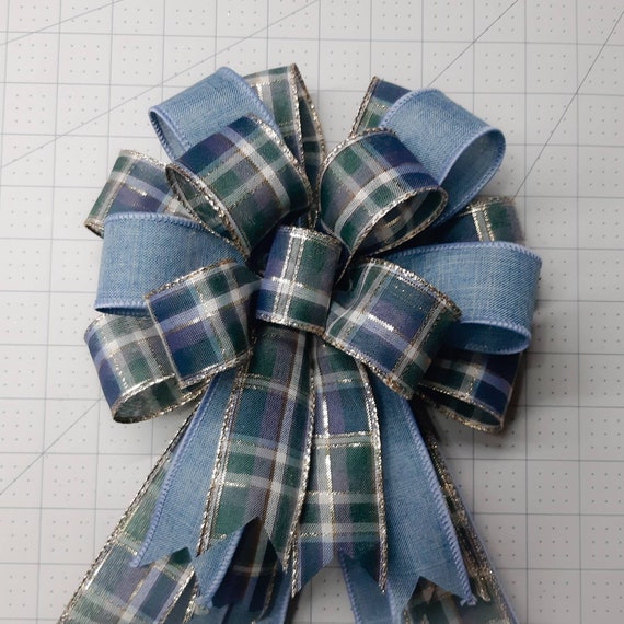 Holiday Bow Blue Plaid with Metallic Denim Blue Christmas Bow Wreath Bow Holiday Bow Blue Plaid with Metallic Denim Blue Christmas Bow Wreath Bow